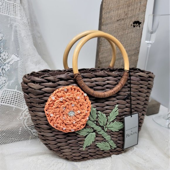 Rolf's Gardenia Mini Purse Basket Weave Wood Handle NWT - Picture 3 of 10